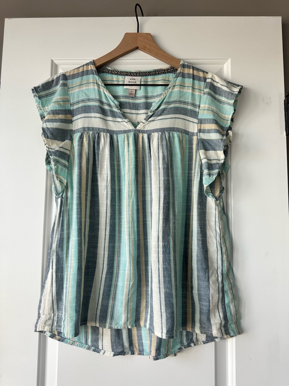 Knox Rose Mint, Navy & White Striped Flutter Sleeve Top